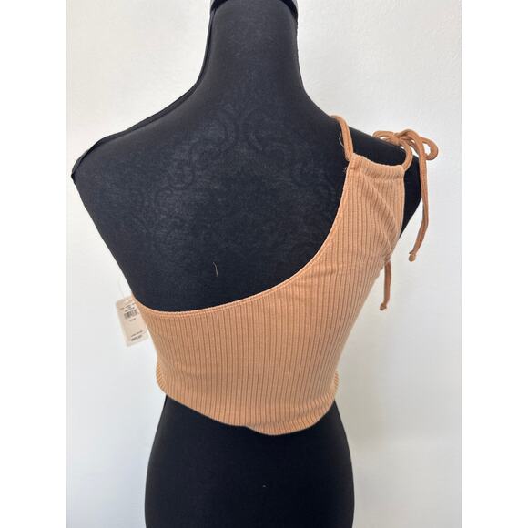 Aerie One Shoulder Asymmetric Fitted Ribbed Crop Top Tan Women's Size M NWT - Picture 3 of 7